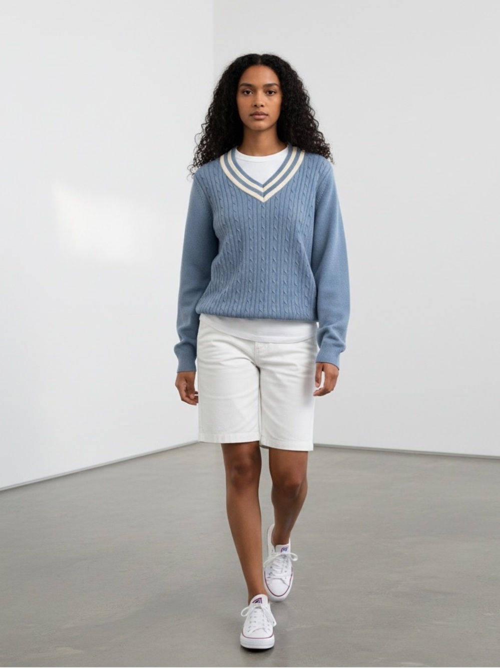 Sky Blue Cotton Cable Sweater with White 
V-Neck Trim    size Medium